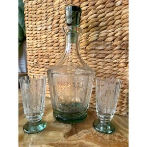 Etched Vintage Decanter with Pair of Glasses
